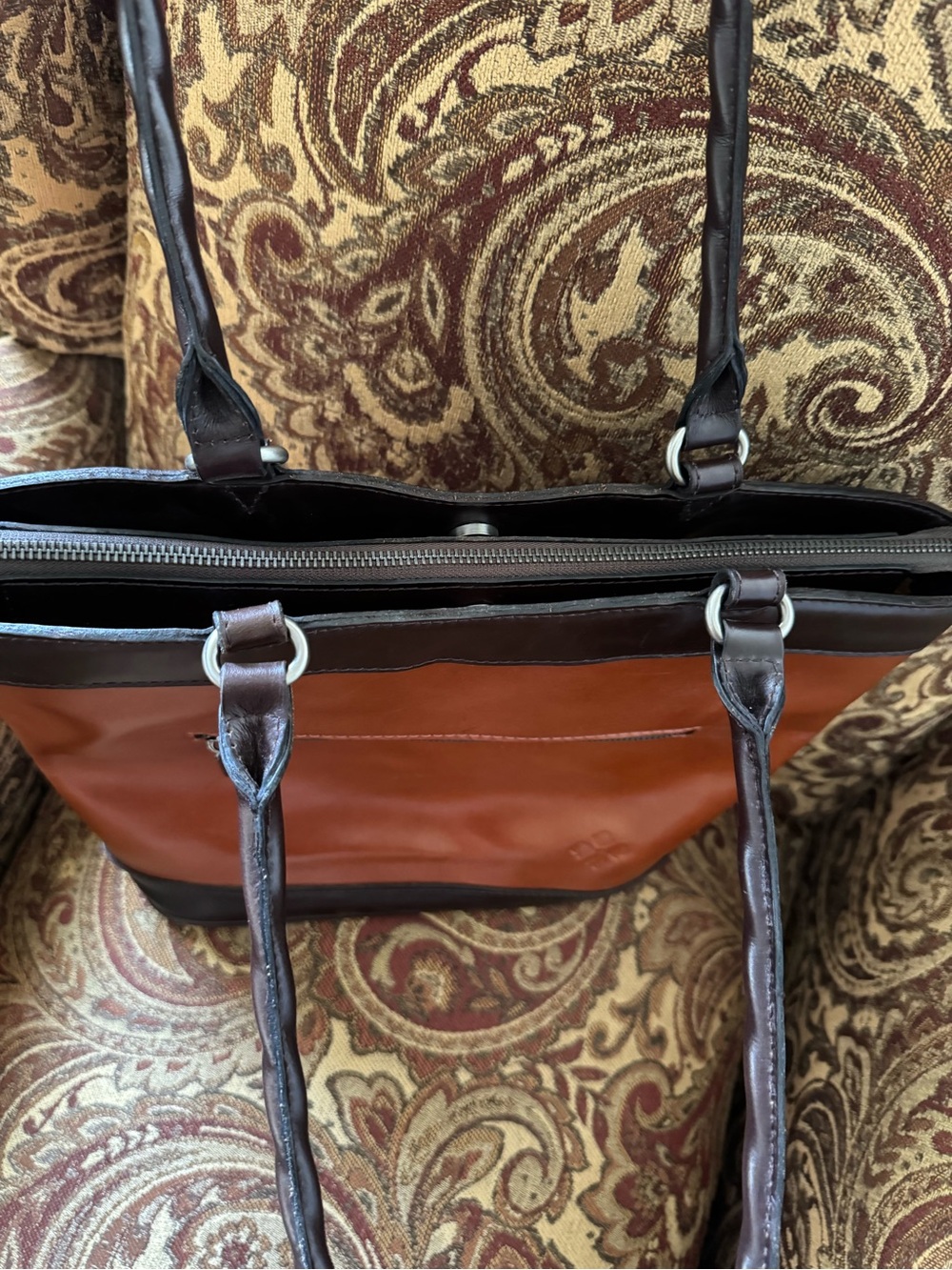 Patricia Nash Brown Leather Embroidered Tote with Black Trim and Tassel - Picture 5 of 8